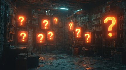 a mysterious and enigmatic scene set in a dimly lit old library filled with floating glowing question marks in various dimension