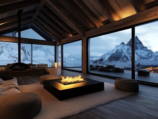 Fototapeta premium Cozy cabin interior with a roaring fireplace, rustic wooden furniture, and a snowy mountain visible through large glass windows