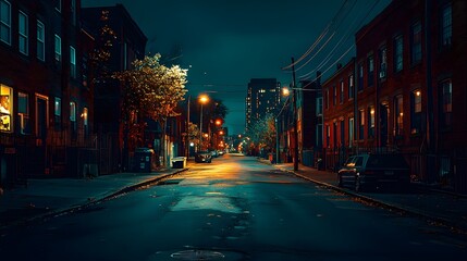 Quiet night street scene with warm lighting illuminating empty buildings.