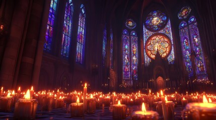 Fototapeta premium Candles illuminate a Gothic cathedral