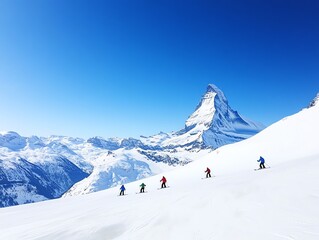 Group ski lesson on a gentle slope, with an experienced instructor demonstrating techniques, snowcovered peaks framing the scene