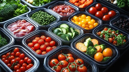 a set of plastic take out containers featuring nutritious food many lunchboxes filled with delectable nutritious daily meals such as meat veggies fruits and snacks dark background top vie