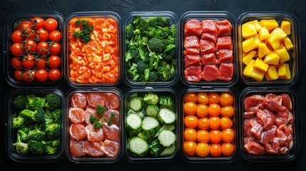 a set of plastic take out containers featuring nutritious food many lunchboxes filled with delectable nutritious daily meals such as meat veggies fruits and snacks dark background top vie