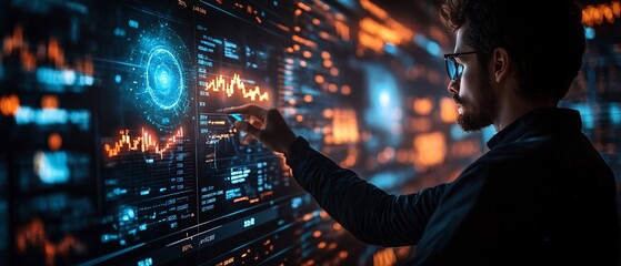 Man analyzing data on large screen; tech background