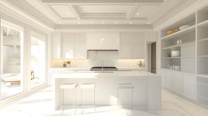 A modern white kitchen in a luxurious home.