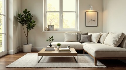 Fototapeta premium Serene Living Room Interior Design with Neutral Tones and Natural Elements