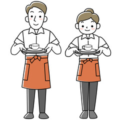 コーヒーを運ぶカフェの女性店員と男性店員