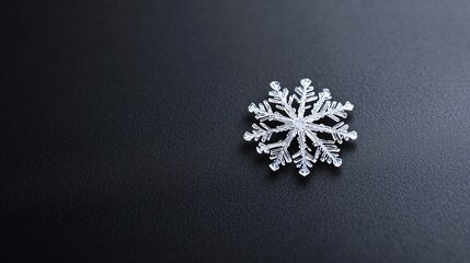 Fototapeta premium Lone snowflake resting on a smooth black surface, macro shot highlighting its delicate and intricate structure