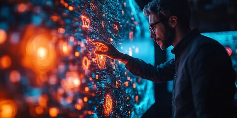 Man interacts with digital data wall, futuristic background, tech innovation