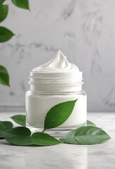 White moisturizing cream in glass jar with green leaf, skincare, white, green leaf