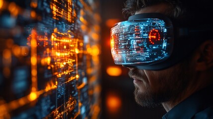 Man in VR headset analyzes data; futuristic server room
