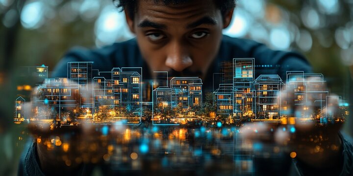 Man designing smart city, night background.  Future tech use