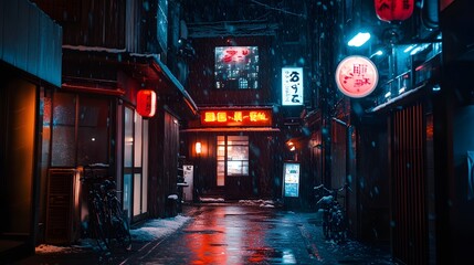 A serene winter night in a snowy alleyway with glowing neon lights.