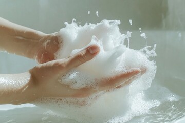 Fototapeta premium Hands Gently Cradle Luxurious, Abundant Bath Foam in Relaxing Soak