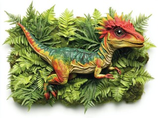 Obraz premium Colorful Dinosaur Figurine Amidst Lush Ferns - Ideal for Educational Displays or Children's Decor