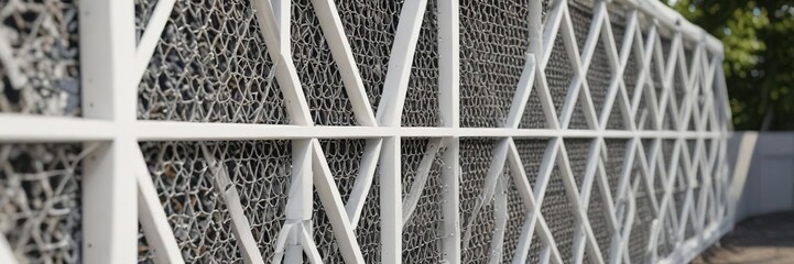 White wooden fence with triangle metal mesh panels, garden, backyard