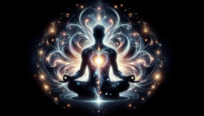 Vibration A silhouette of a person sitting in a meditative pose with hands in a mudra Light pours from the hea2