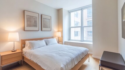 A minimalist bedroom with a couple of abstract art prints on the walls