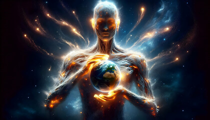 Vibration A surreal humanoid figure with luminous skin holds the Earth with both hands, while its body appears1