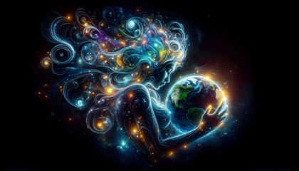Vibration A surreal luminous figure cradles the glowing Earth in its arms, surrounded by intricate light patte1