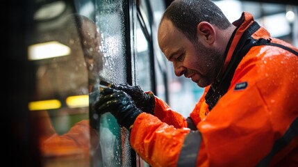 Technicians performing water-resistant sealing tests on bus windows, detailed equipment, 