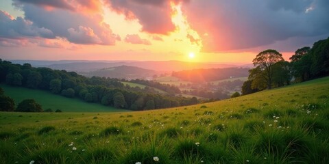Obraz premium Serene Sunset Over Rolling Hills and Lush Green Meadows with Wildflowers