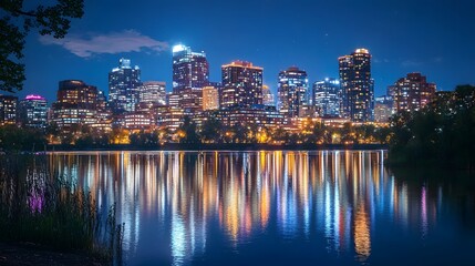 Fototapeta premium Nighttime cityscape reflecting on water, showcasing vibrant urban lights.