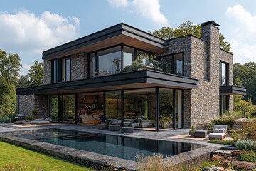 Fototapeta premium Modern family house in Cady with large pool, beautiful garden, stone walls, and green grass. Clear blue sky and stunning outdoor setting.