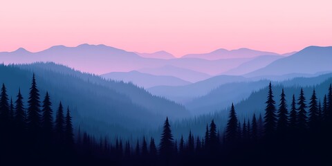 Obraz premium Pink sunset over layered mountains, silhouetted trees. Wallpaper, postcard