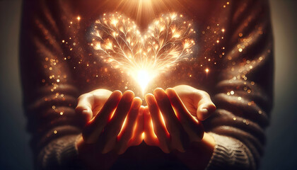 Vibration A pair of hands holds a shimmering heart made of light, surrounded by luminous petals and sparkling 2