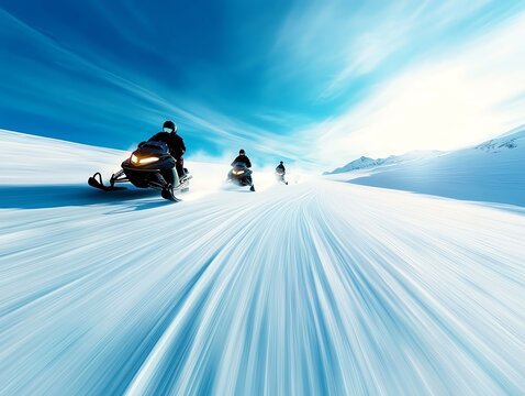 Snowmobiles racing through snowy trails, dynamic winter sports scene, 3D illustration