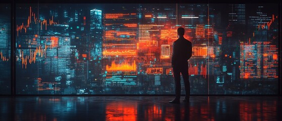 Man views data cityscape; future tech