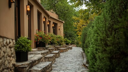 Fototapeta premium Stone Pathway to Elegant House Lush Greenery Exterior Architecture