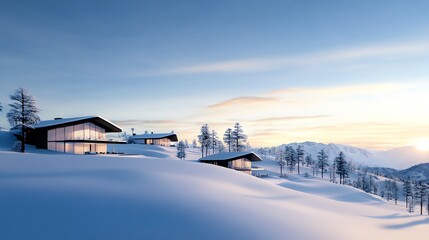 Snowy mountain resort, luxurious chalet nestled in the snow, 3D illustration