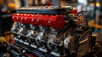 Red-capped engine, workshop display, close-up