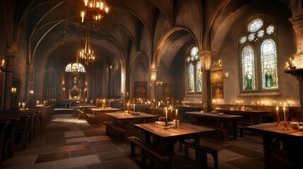 Fototapeta premium Medieval hall with candlelit tables