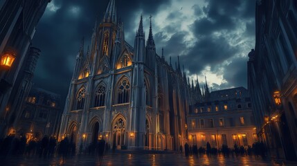 Fototapeta premium Gothic cathedral at night, city square