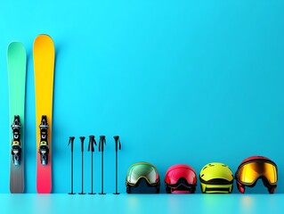 Winter sports equipment, colorful skis, snowboards, and helmets, neatly displayed, 3D illustration