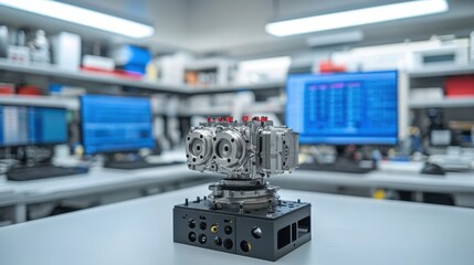 Mechanics repair to improve engine efficiency. Precision engineering setup with a detailed mechanical part on display.