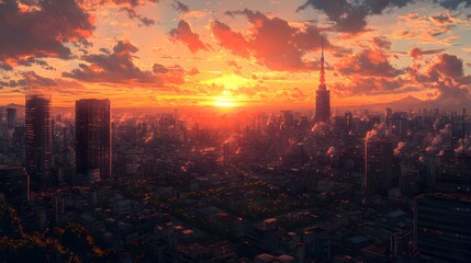 Fototapeta premium Stunning sunset over a vibrant city skyline with towering structures and clouds.