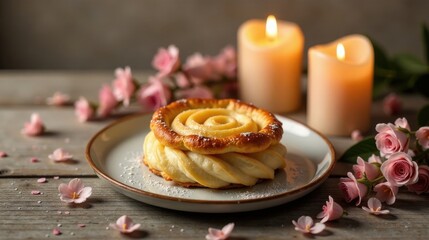 Delightful Pastry Rose on a Plate with Candles and Flowers