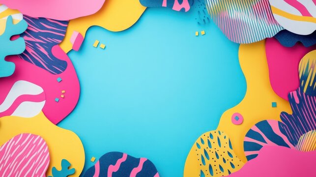 Colorful paper cut-out shapes forming a frame on a blue background.