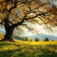 Fototapeta premium Majestic Autumn Oak Tree in Mountain Valley Landscape