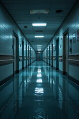 Long Dark Hospital Corridor with Reflective Floor and Doors at Night