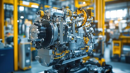 Fototapeta premium Mechanics repair to improve engine efficiency. Engine machinery in a modern industrial workshop setting with detailed components.