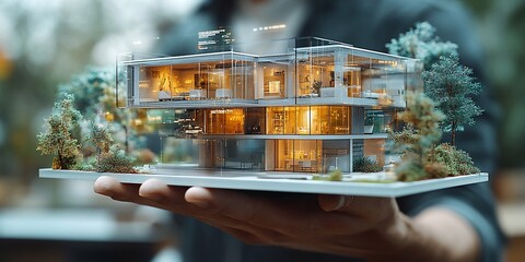 Modern house model, hand, outdoors, green background, real estate