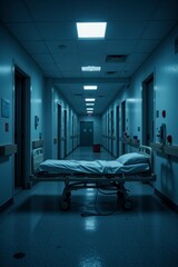 Empty Hospital Corridor at Night Medical Bed Gloomy Atmosphere Healthcare