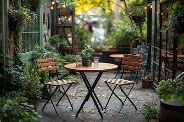 Obraz premium Outdoor rustic style cafe with round table and metal wood chairs in garden setting. Cozy garden furniture for relaxing and dining.