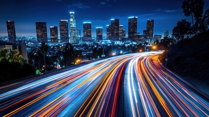 Fototapeta premium Night Lights of Los Angeles: Cityscape, Freeway, and Lights