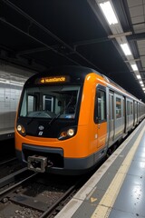 Modern Orange and Silver City Train Arriving at Underground Station Platform